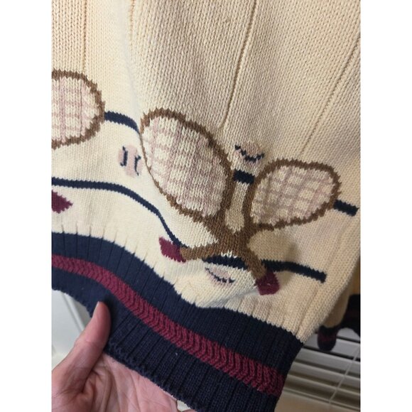 VTG Mens Tennis Sweater L Beige V-Neck Cotton Cable Knit Racket design Preppy - Picture 8 of 10
